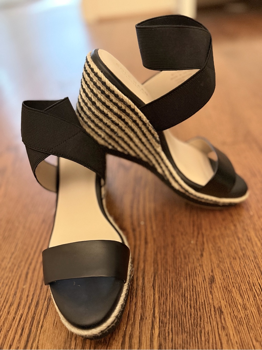 Cole Haan Black Espadrille Wedge Sandals with Elastic Ankle Wrap - Picture 3 of 7